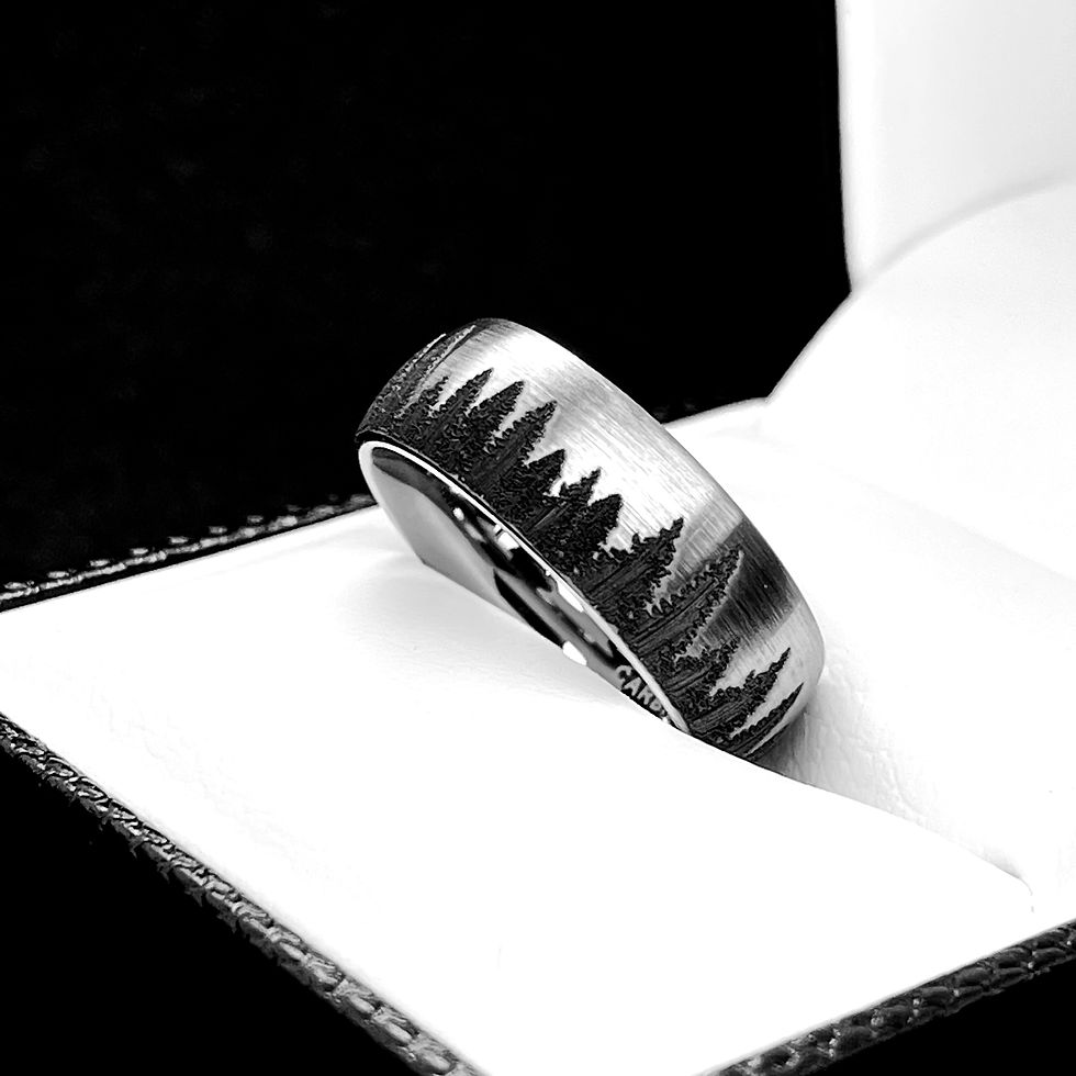 Thumbnail: Pine Trees Pattern Engraved  Brushed Tungsten Carbide Ring, Mens Women Ring 8mm