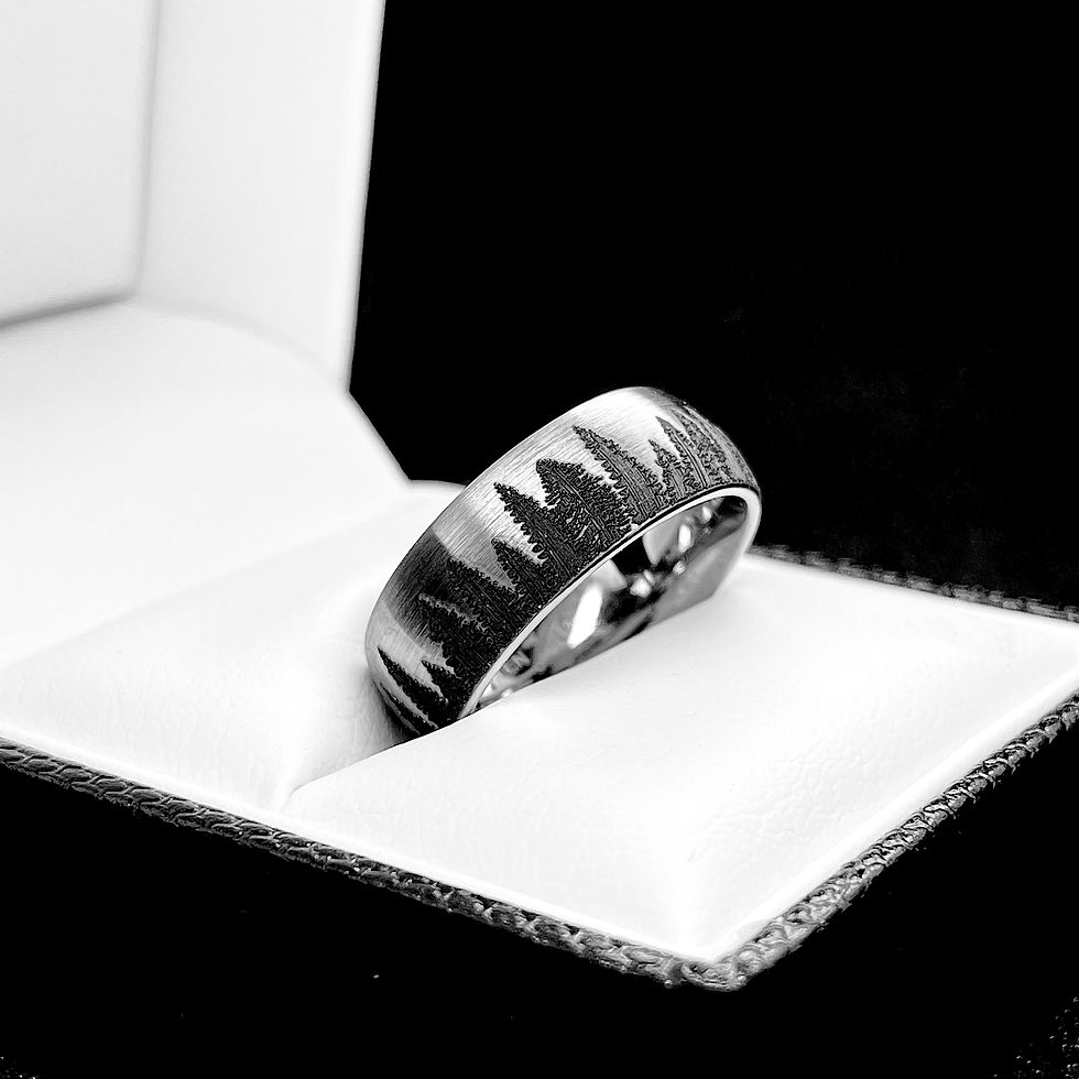 Thumbnail: Pine Trees Pattern Engraved  Brushed Tungsten Carbide Ring, Mens Women Ring 8mm