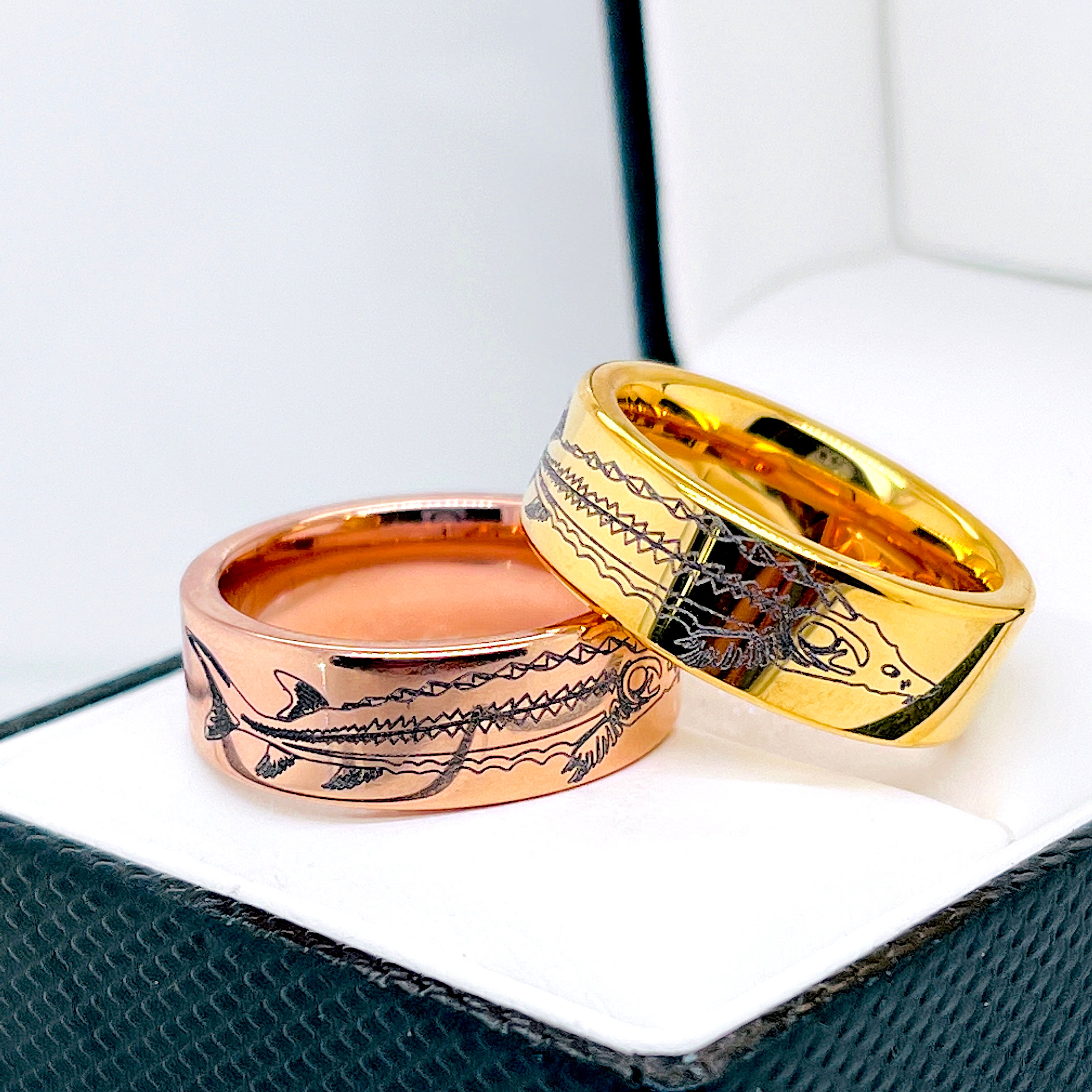 Sturgeon Pattern Engraved Tungsten Carbide Ring, Unique Engraved Rings