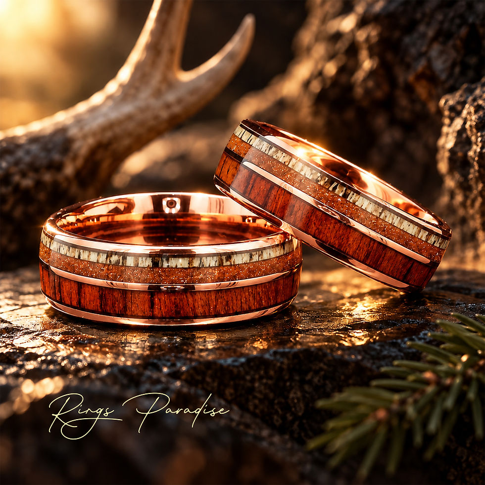 Thumbnail: Rose gold tungsten ring with aventurine, natural wood and deer antler inlays. Nature-inspired 8mm comfort-fit wedding band