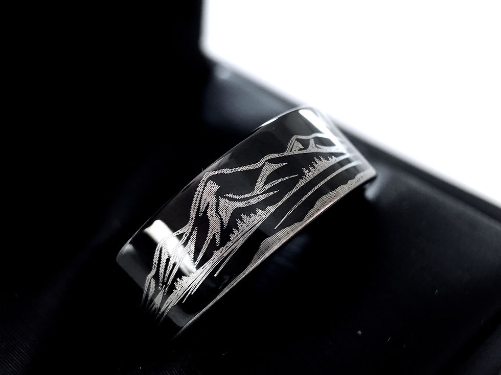 Thumbnail: Two Bear in Mountains Range Landscape Pattern Engraved Black Tungsten Ring