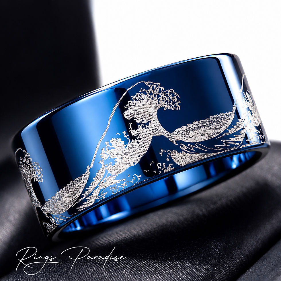 Thumbnail: Blue Tungsten Ring | Japanese Wave Engraved | Ocean Wedding Band | 8mm 10mm 12mm