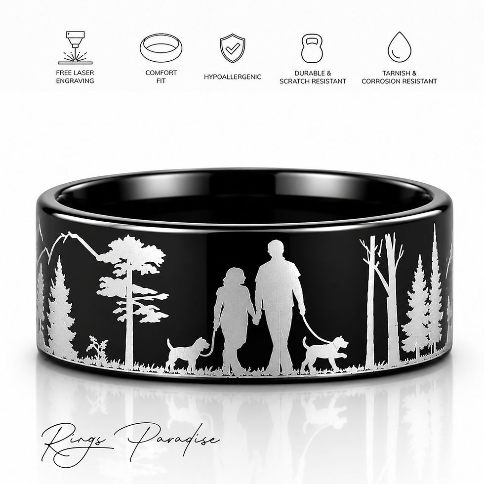 Thumbnail: black tungsten ring couple walking with beagles forest engraving 8mm