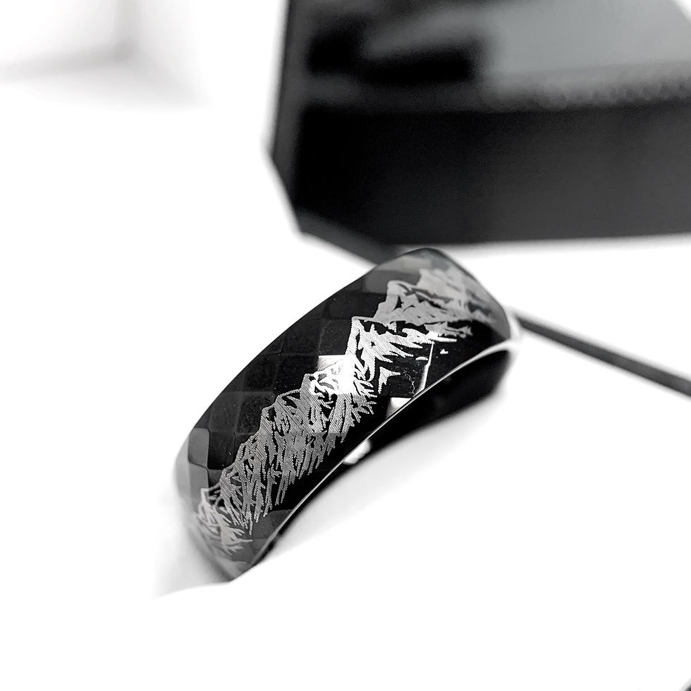 Thumbnail: Mountains Range Engraved Black High Polished Tungsten Ring, Wedding Band, 8mm