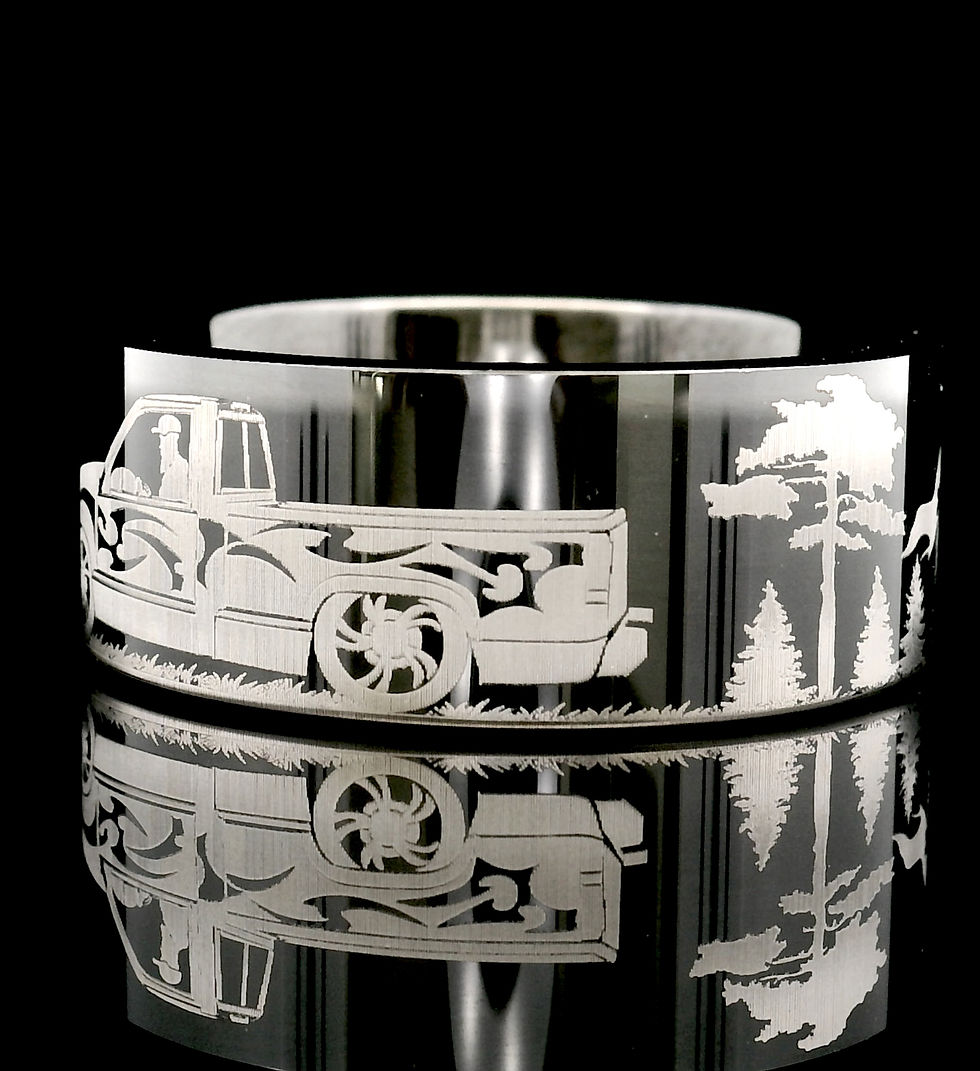 Thumbnail: Men’s Tungsten Carbide Ring with Car/Truck Driving in Mountain Range Engraving | Durable Adventure Ring