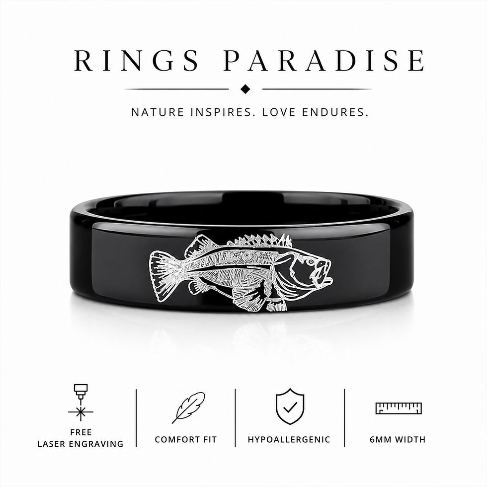 Black tungsten bass fishing ring with detailed silver fish engraving, comfort fit design and nature inspired background.