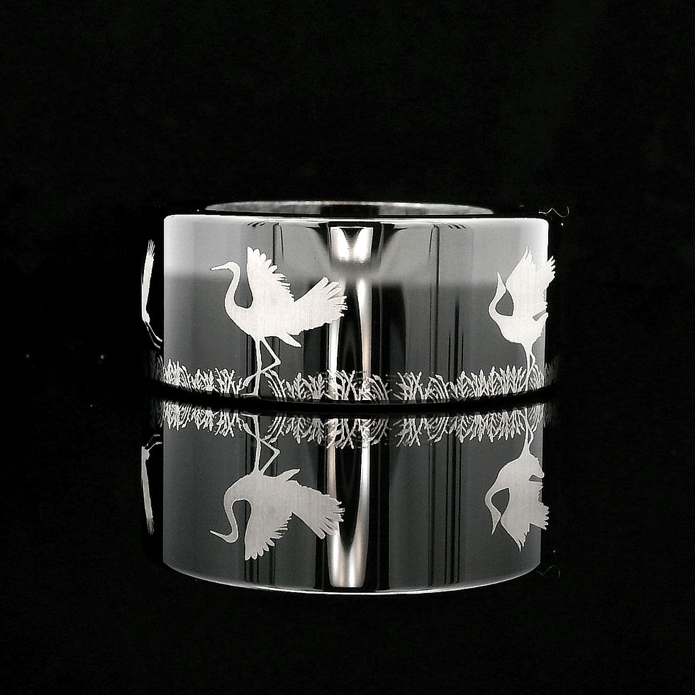 Thumbnail: black tungsten crane wedding band with bird engraving pattern