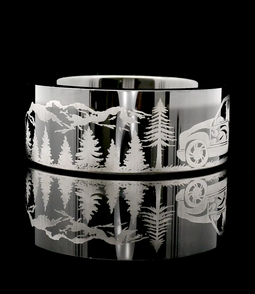 Thumbnail: Men’s Tungsten Carbide Ring with Car/Truck Driving in Mountain Range Engraving | Durable Adventure Ring