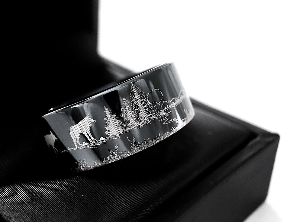 Thumbnail: Hedgehog, Hare, Fox and Wolf in Forest Pattern Engraved Black Tungsten Ring