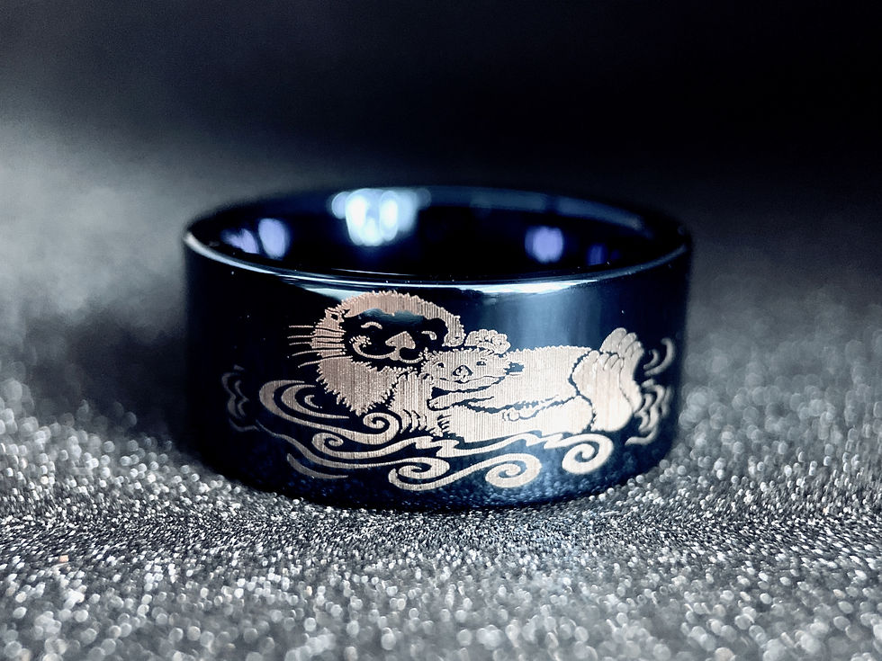 Otters in River Pattern Engraved Blue Tungsten Ring, His and Her Promise Ring