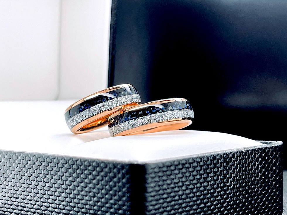 Thumbnail: Blue Agate Meteorite inlay Tungsten Carbide Rose Gold Wedding Band, Mens ring, Engagement Ring, Women Ring, Meteorite Jewelry