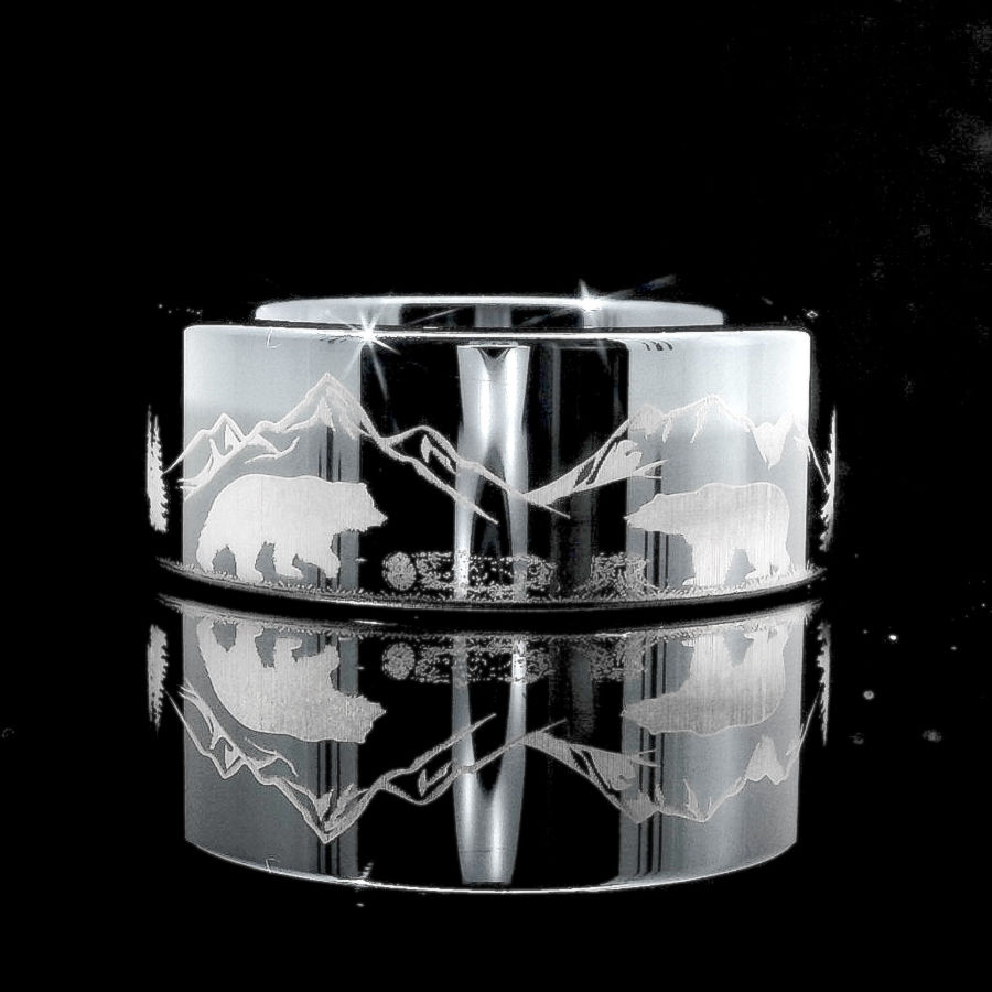 Thumbnail: Black Tungsten Ring featuring Two Bears in Forest Engraved Black Tungsten Ring