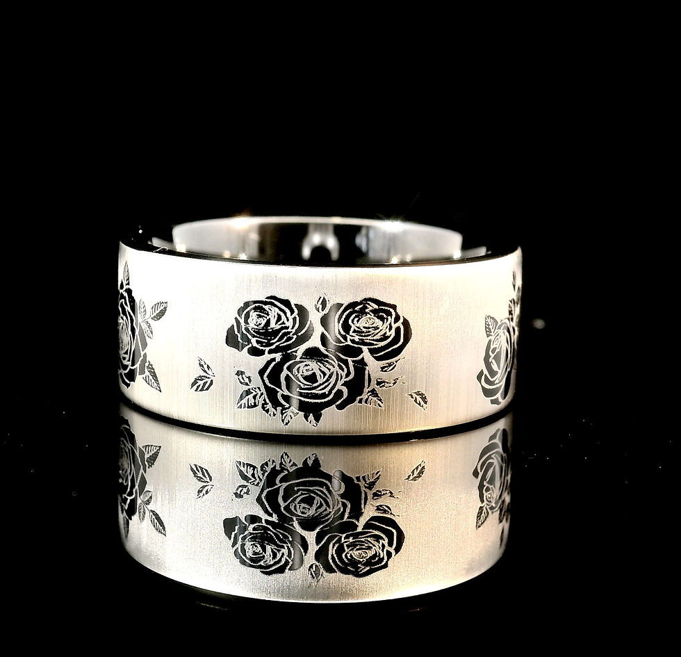 Thumbnail: Roses Pattern Engrave Black Tungsten Carbide Ring, Unique Mens Wedding Band, Women Wedding Ring, Gift for a Husband