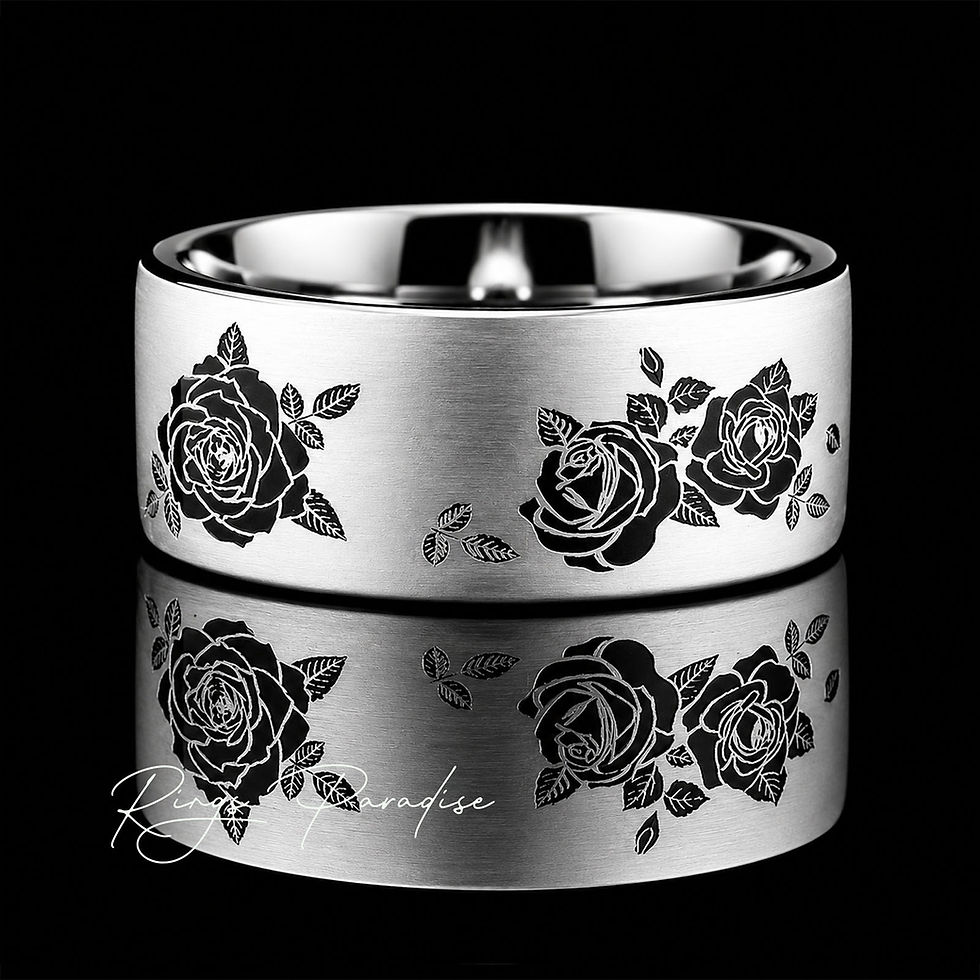 Thumbnail: modern black wedding band with silver rose engraving