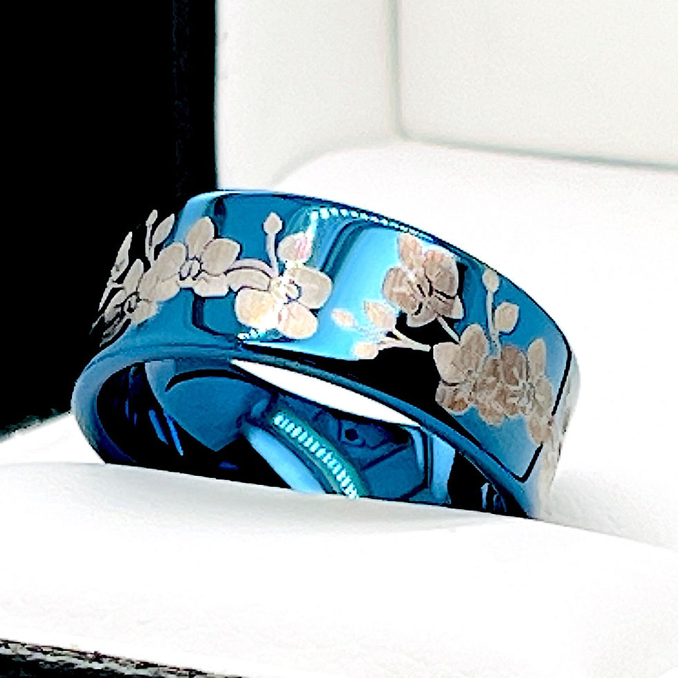 Blue tungsten carbide ring engraved with orchid floral pattern, 8mm unisex comfort-fit promise or wedding band for men, women