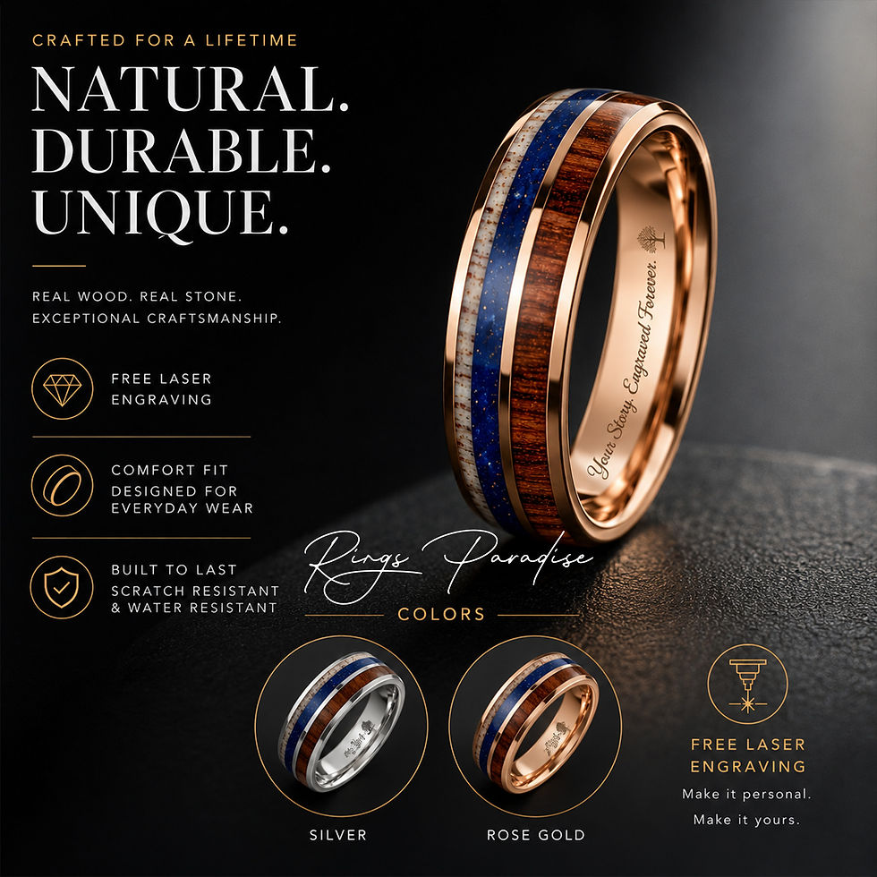Thumbnail: Rose gold tungsten ring with wood, antler and blue agate inlay, 8mm comfort fit wedding band