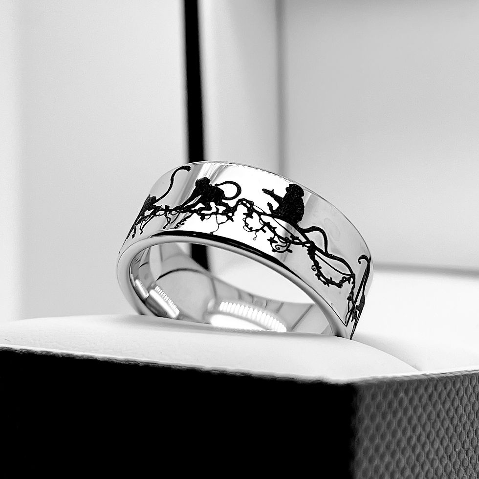 Thumbnail: Monkey in Jungle on Lilias Pattern Engraved Tungsten Ring, Mens Ring, Women Ring