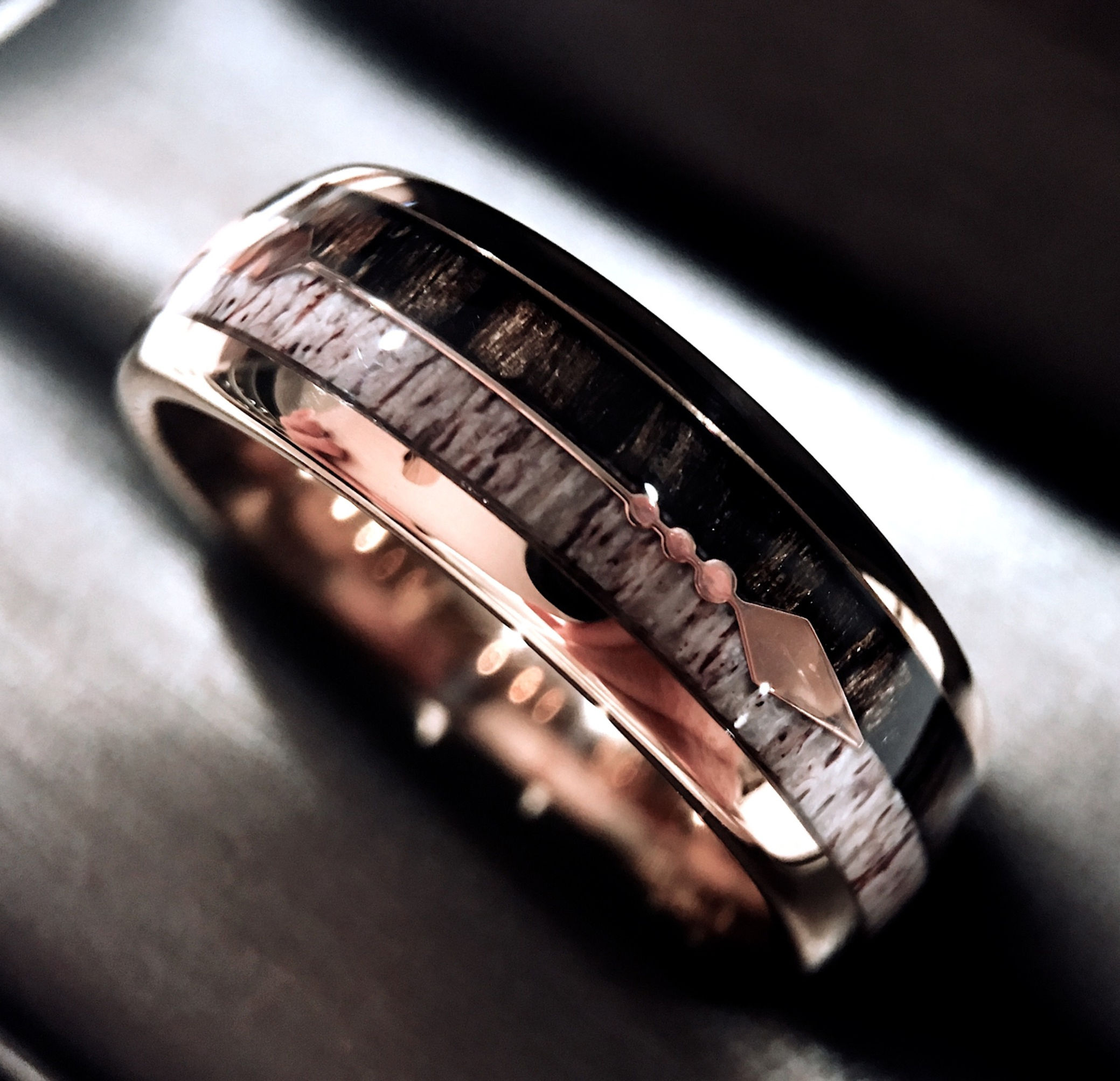 Rose Gold Tungsten Carbide Ring with Wood, Antler, and Arrow Inlay, 8mm Unisex Wedding Band