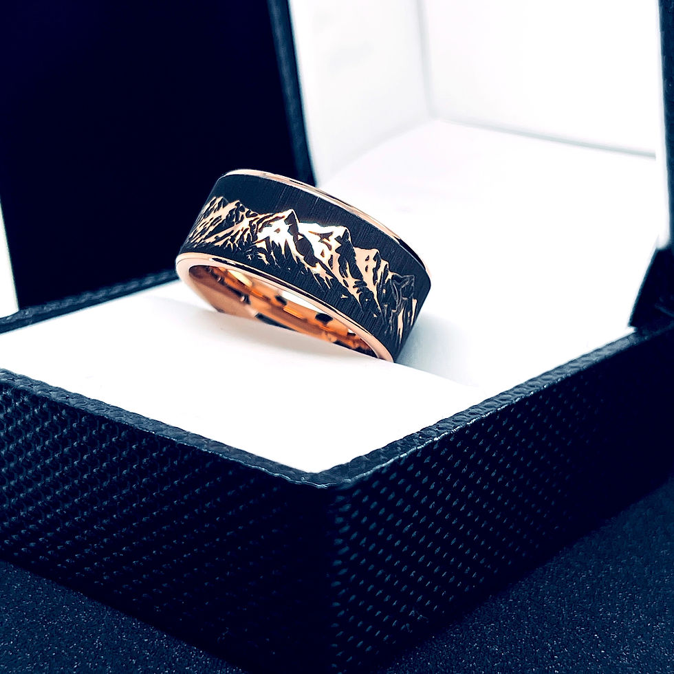 Thumbnail: Silver and Black Mountains Ring, Mens Ring,Tungsten Wedding Bands, Wedding Bands Mountain, His and Her Promise Rings,  Gold