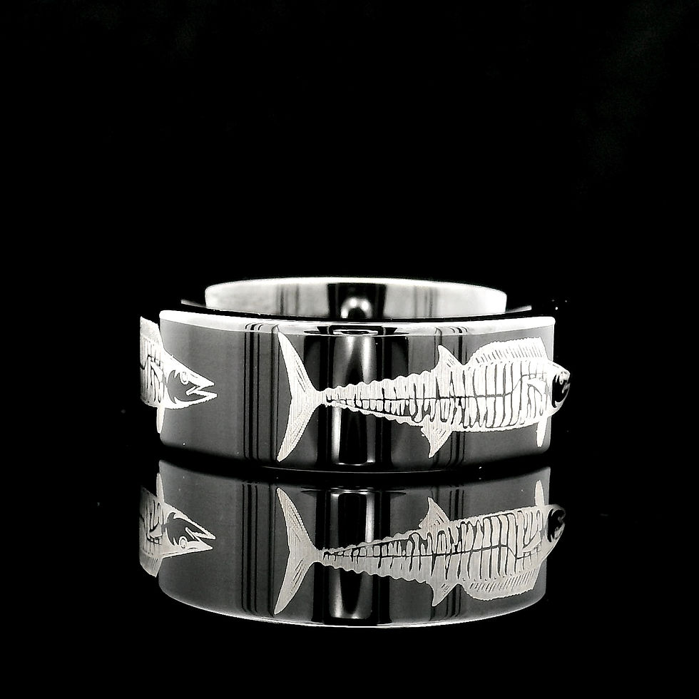 Thumbnail: Wahoo Fish Engraved Black Tungsten Carbide Ring – Fisherman Wedding Band – Ocean-Themed Jewelry
