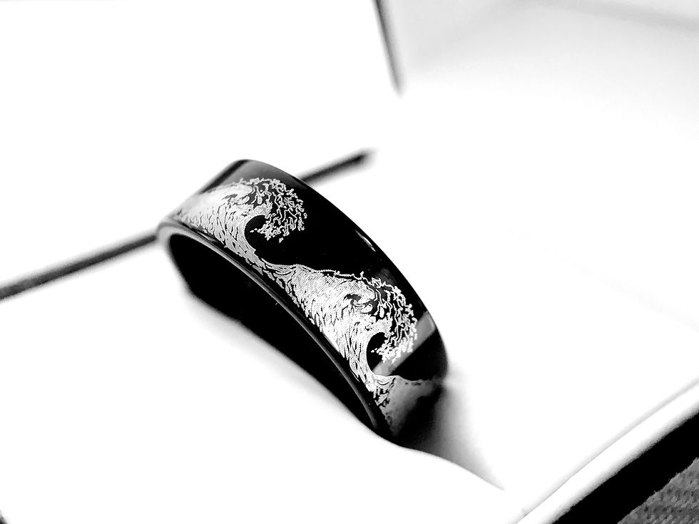Thumbnail: black tungsten ring wave engraved ocean design 8mm 10mm 12mm,