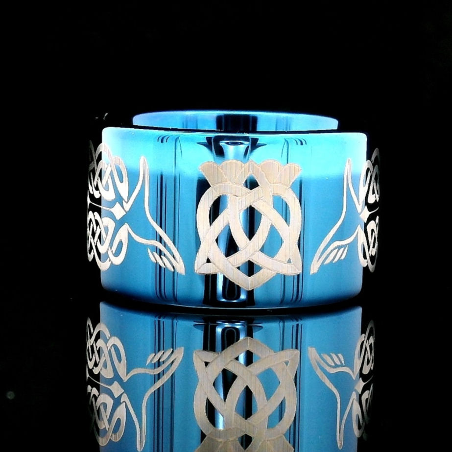 Blue tungsten Claddagh ring with engraved Celtic knot design, 8mm comfort fit band