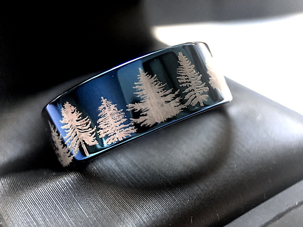Mens Promise Ring, Wedding Bands, Women Tungsten Ring, Tungsten Carbide Ring, Blue Tungsten Ring, Forest Ring, Fir Trees