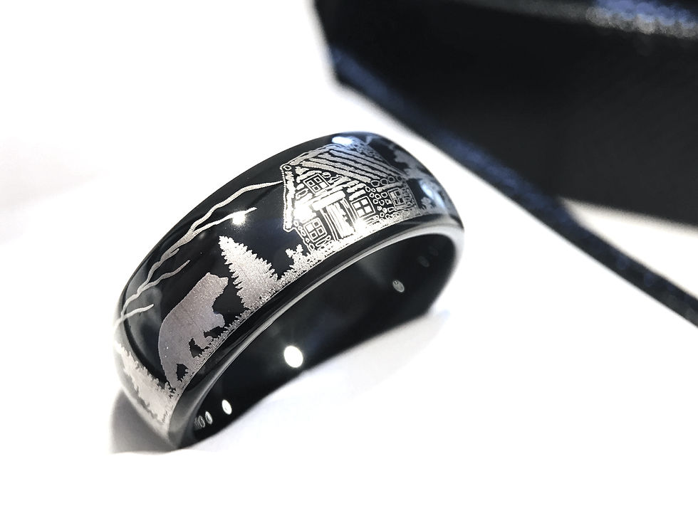 Thumbnail: Bears in the Forest Ranch House Pattern Engraved Tungsten Ring