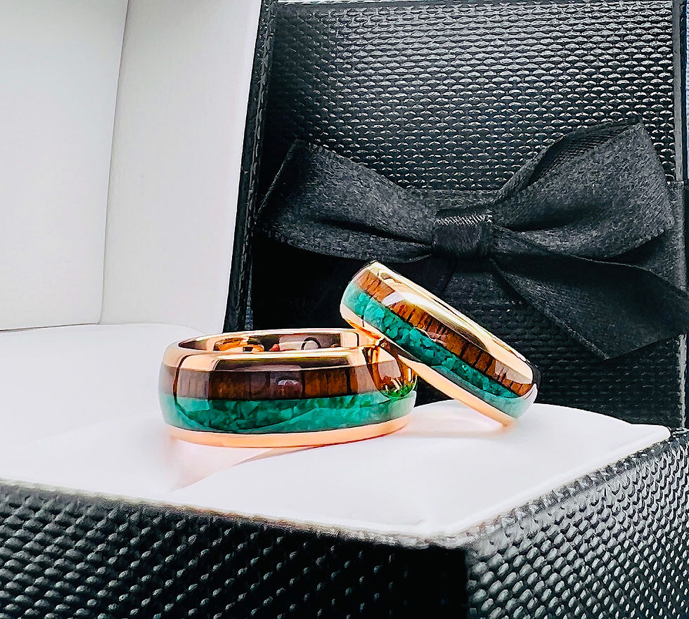 Thumbnail: Malachite inlay, wooden ring, wedding bands, rose gold, anniversary ring, engagement ring