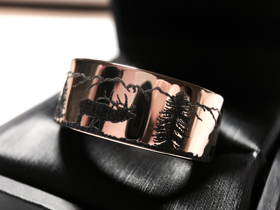 Thumbnail: Deer Elk Stag Pattern Engraved Tungsten Band, Custom Engraved Tungsten Ring