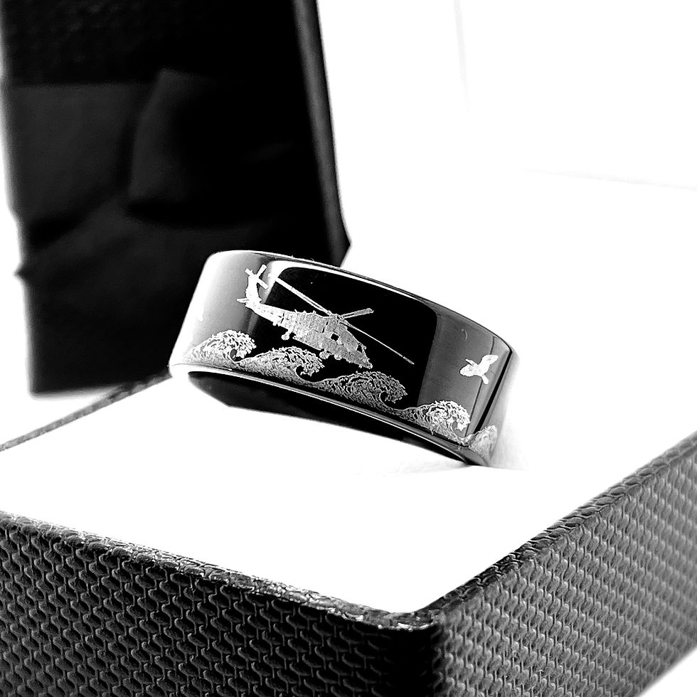 Thumbnail: Mens Ring, Helicopters over Ocean Wave Engraved Black Tungsten Carbide Ring, promise ring
