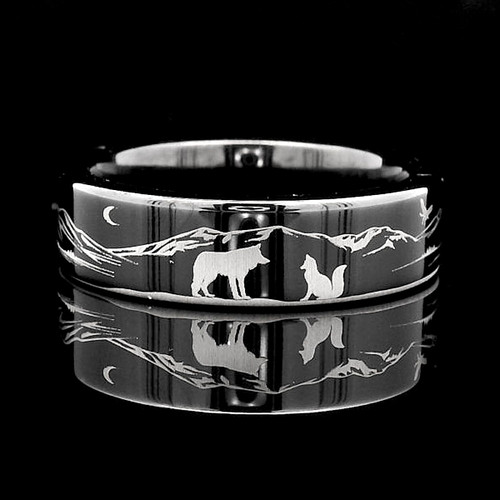 Wolf and Fox Tungsten Ring | Black Engraved Wedding Band 8mmRings