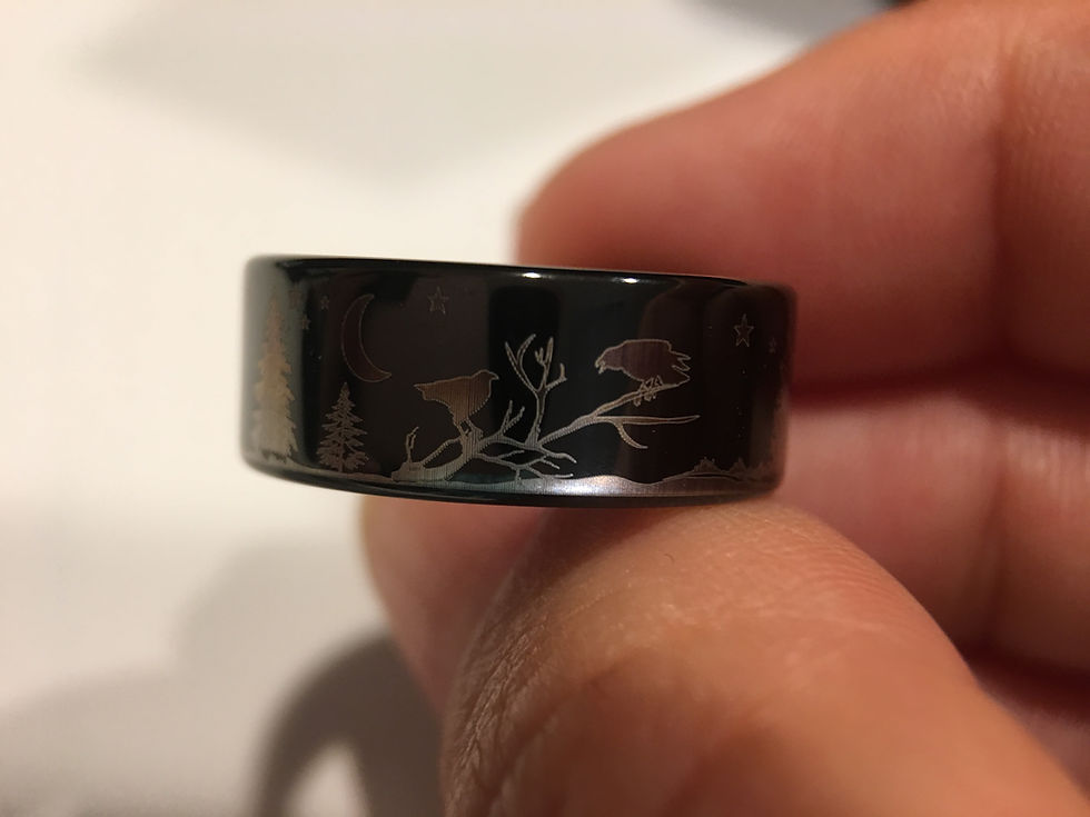 Thumbnail: Ravens Sitting on the Branches, Moon and Stars Pattern Engraved Black Tungsten Carbide Ring, Mens Ring, Wedding Band, Custom
