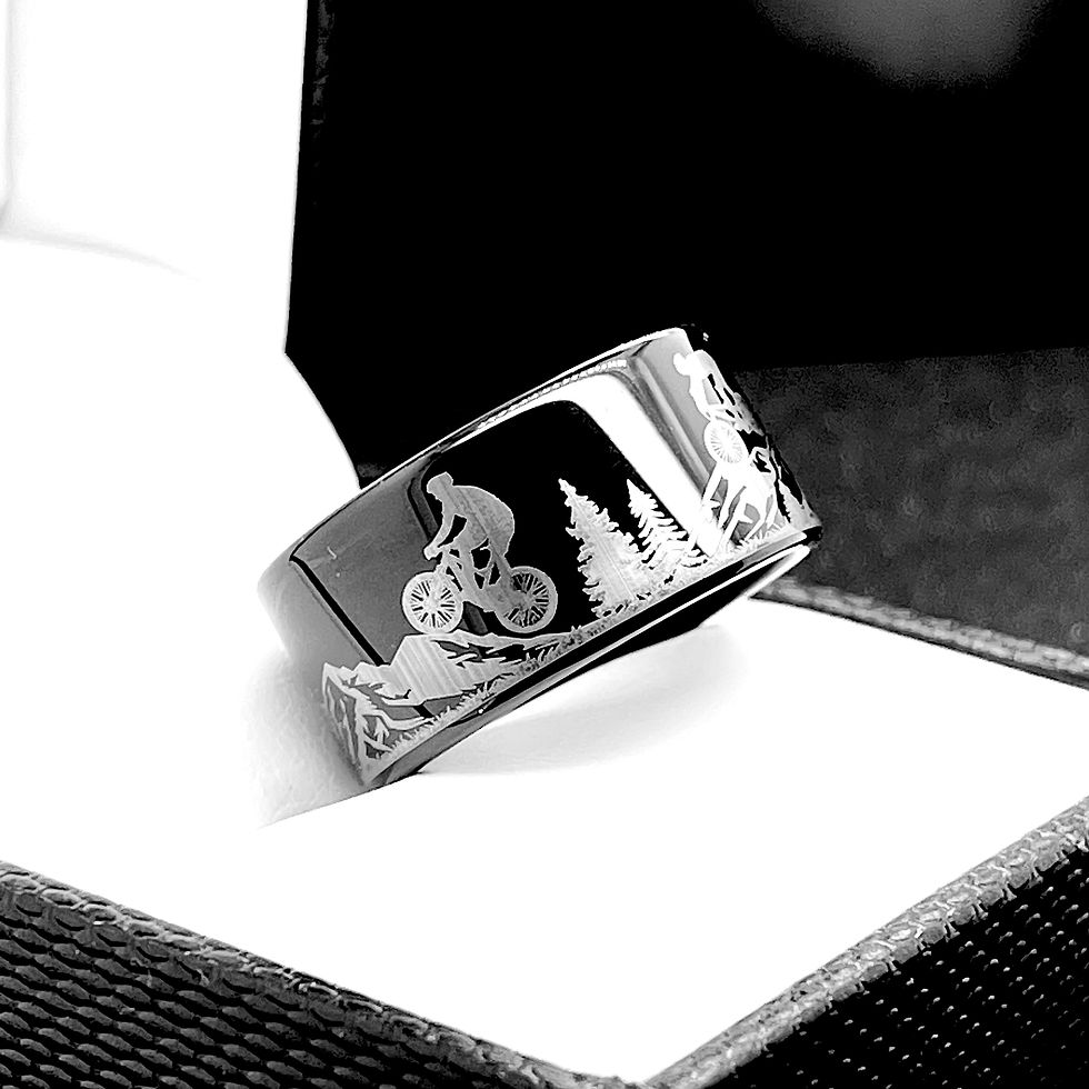 Cyclist in Mountains Forest Landscape Pattern Engraved Black Tungsten Carbide Ring,  Cyclist Climbing Mountains Forest  Ring