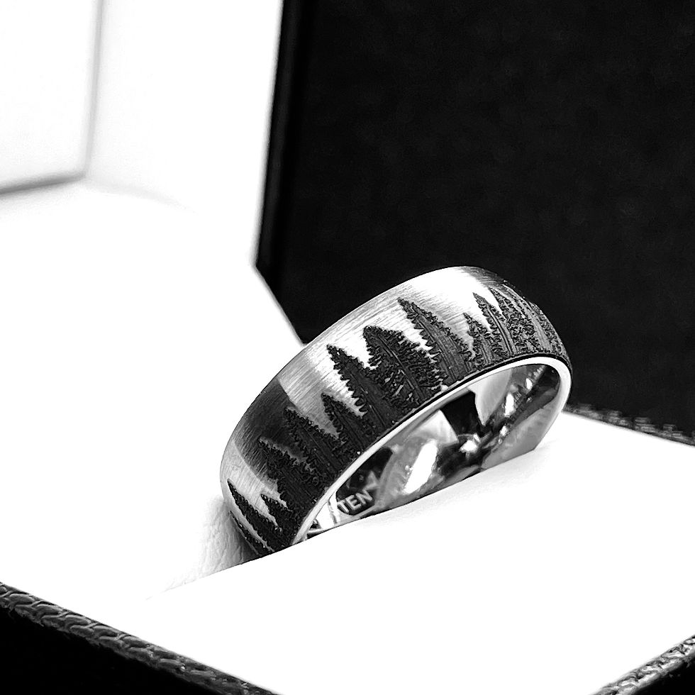 Thumbnail: Pine Trees Pattern Engraved  Brushed Tungsten Carbide Ring, Mens Women Ring 8mm