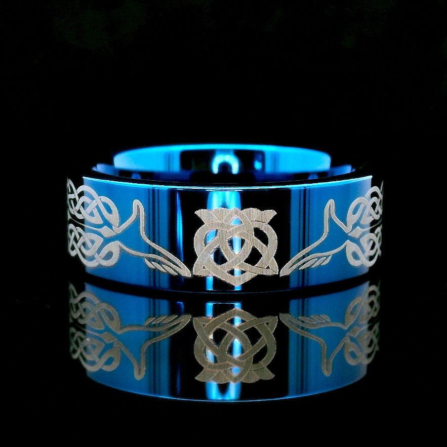 Thumbnail: Blue tungsten Claddagh ring with Celtic heart, hands, and crown engraving, 8mm comfort-fit wedding band