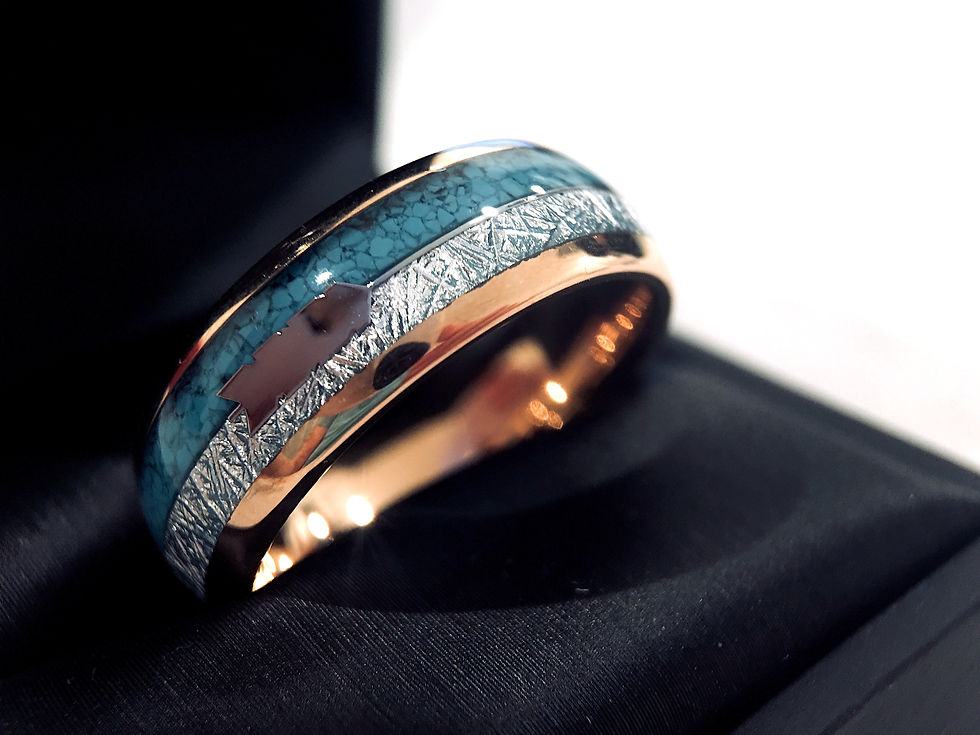 Thumbnail: Turquoise and Meteorite, Rose Gold Tungsten Ring, Wedding Bands,  Arrow Ring  8mm