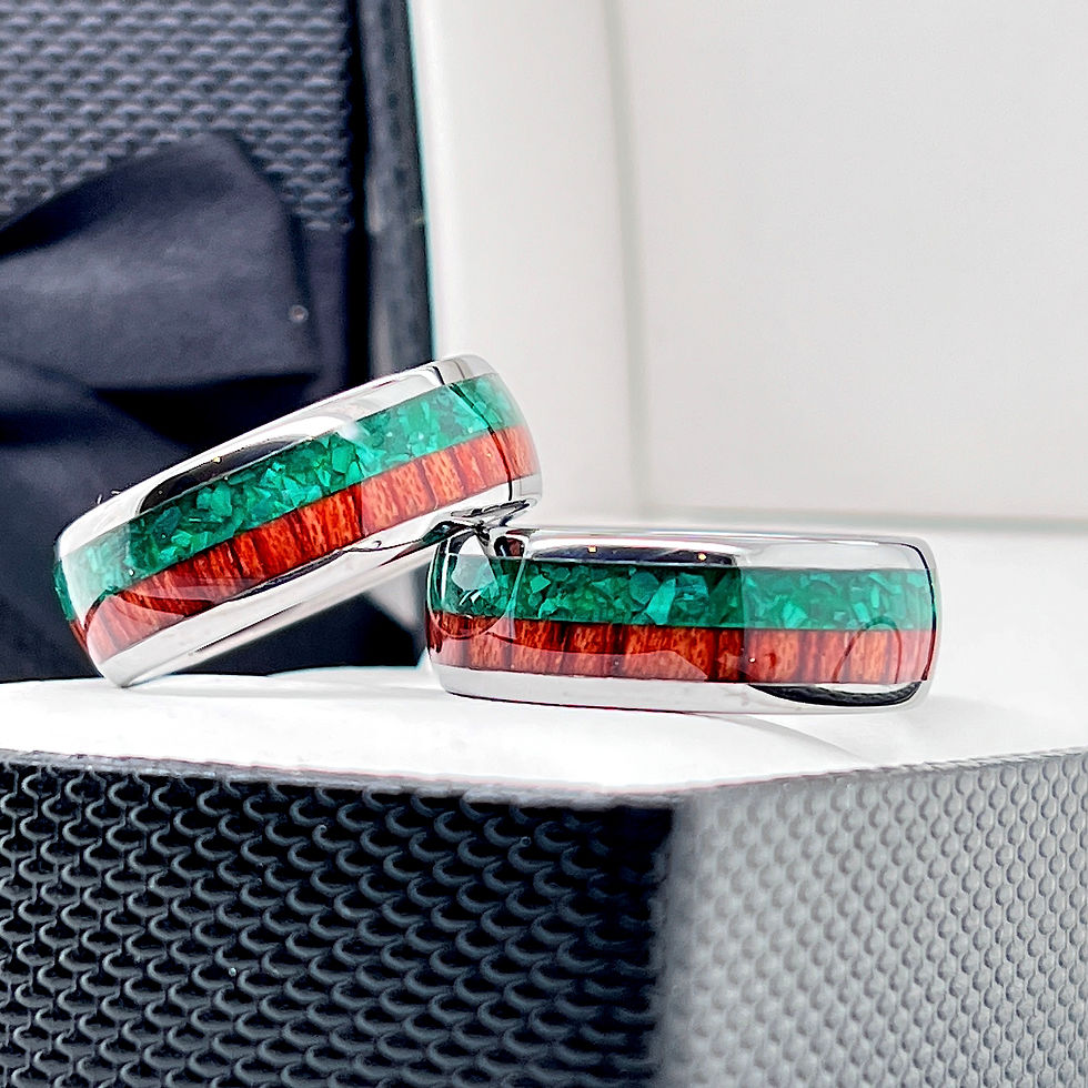 Thumbnail: Green Malachite Stone & Wood Inlay Tungsten Carbide Ring, Mens Ring, Women Ring, Anniversary Ring, Mens Ring, Wedding Ring