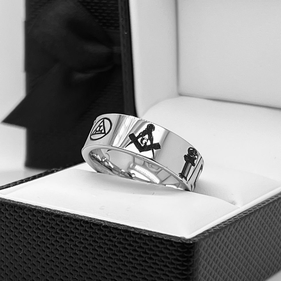Thumbnail: Masonic Symbols Pattern Engraved Tungsten Carbide Ring, Men's Ring, Women Ring, Wedding Bands, Custom Engraved Ring