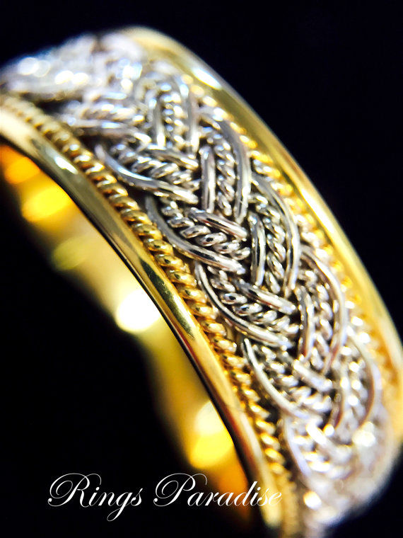 14k Gold Celtic Wedding Ring with white and yellow gold, Irish and Scottish heritage knot band for men and women.
