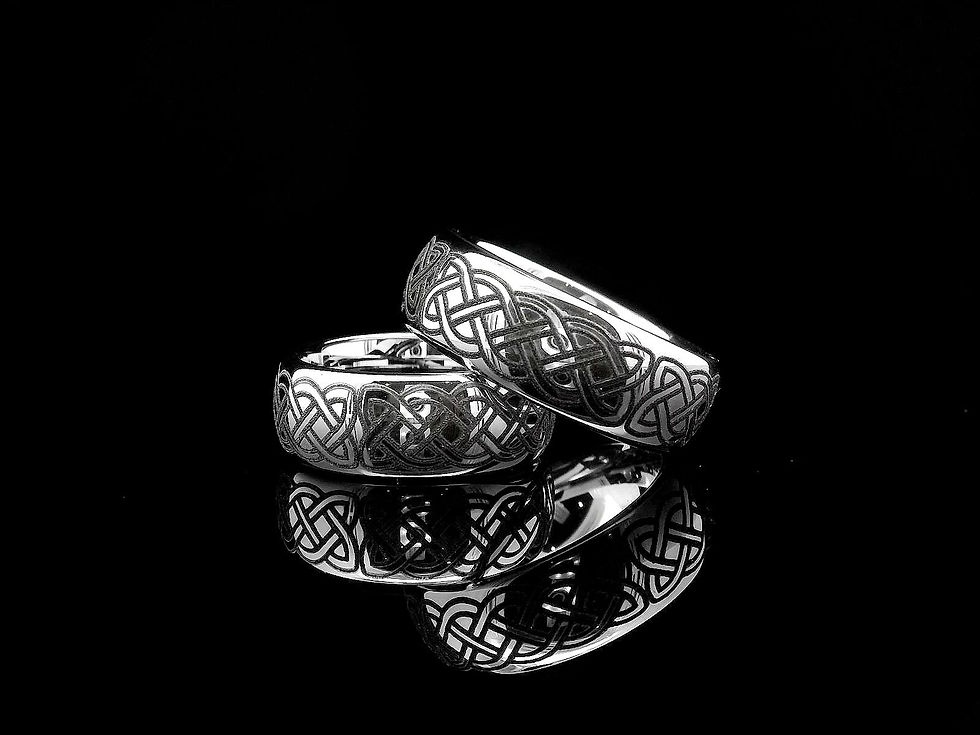 Thumbnail: Silver Celtic couples ring with Irish knot engraving, durable tungsten wedding band for his and hers promise or anniversary
