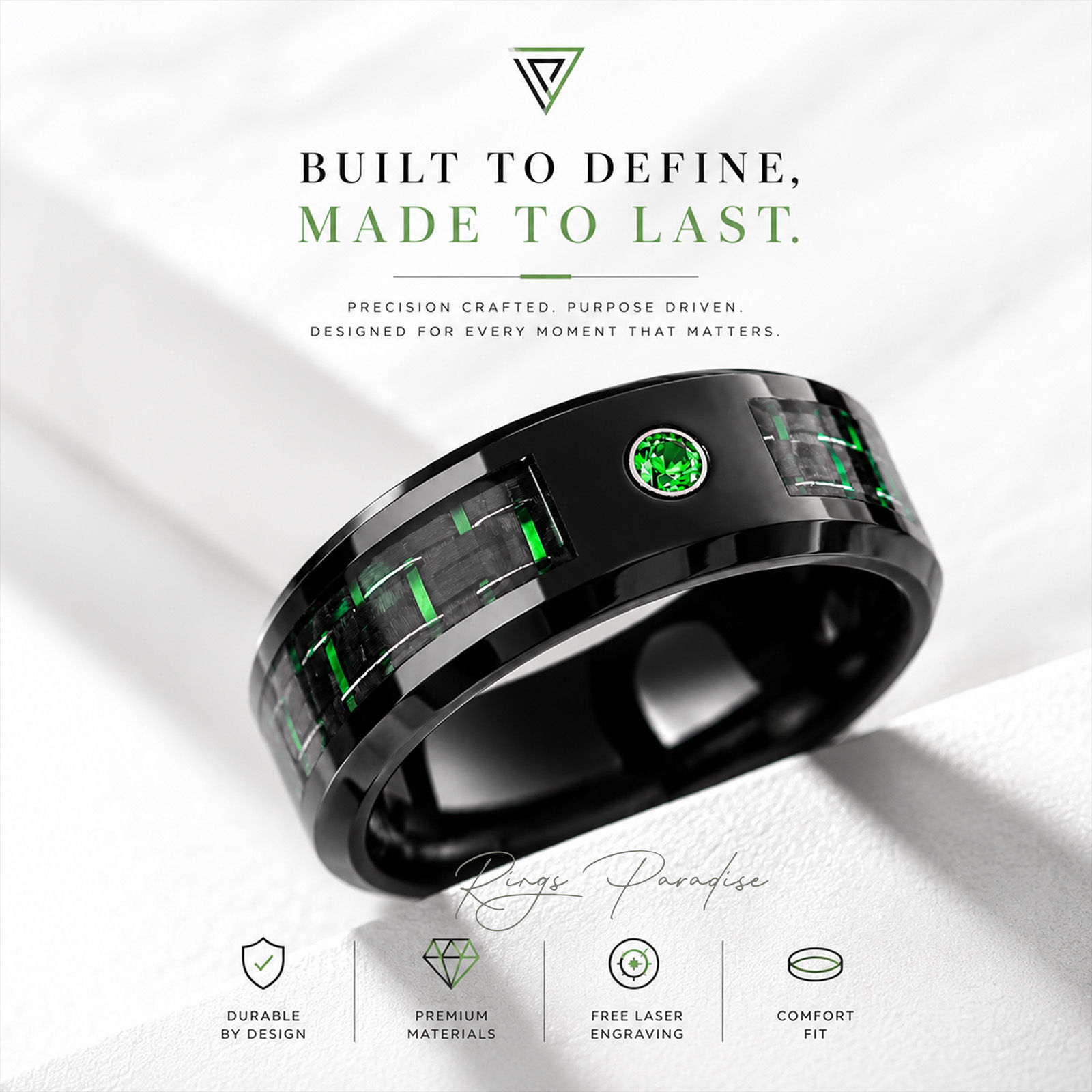 black tungsten ring with tsavorite stone and green carbon fiber