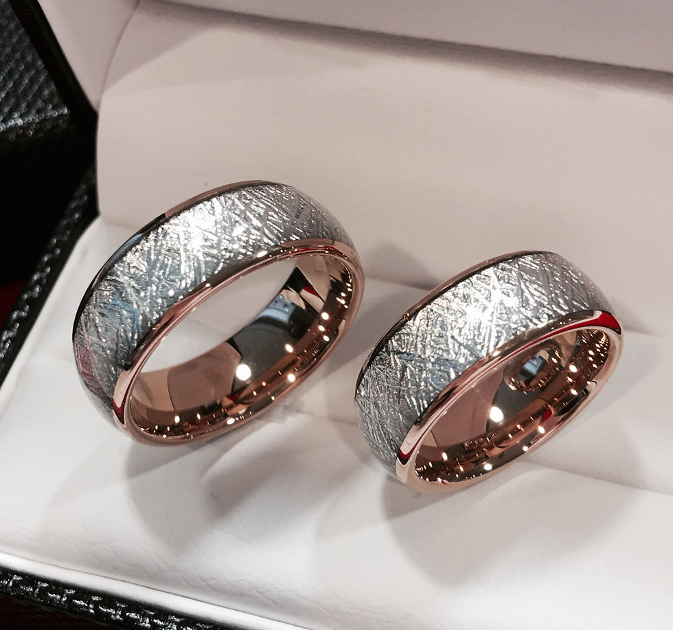 Thumbnail: Matching Meteorite and Rose Gold Tungsten Carbide Ring Set - 4mm,6mm,8mm