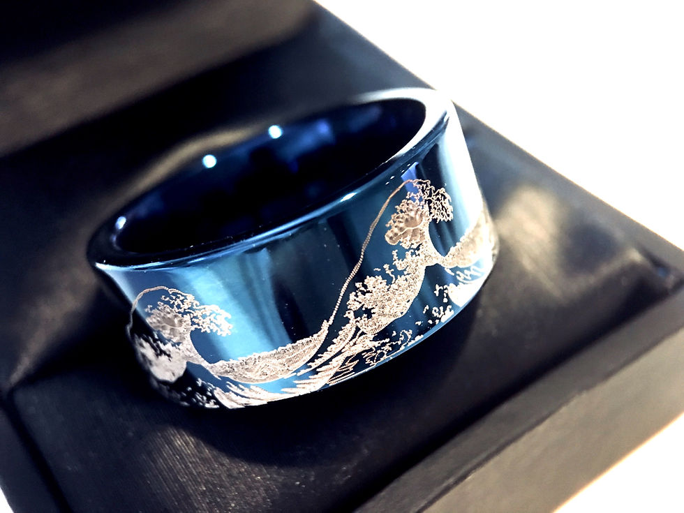 Ocean Wave Pattern Engraved Blue Tungsten Carbide Wedding Bands, Mens Ring, Unique Gift for Husbands and Boyfriend
