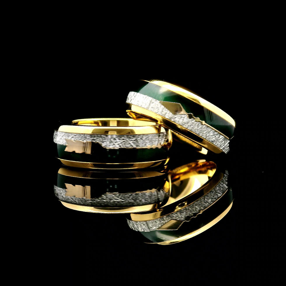Thumbnail: Matching tungsten rings featuring green agate and meteorite inlay. Durable comfort-fit wedding band set for couples.