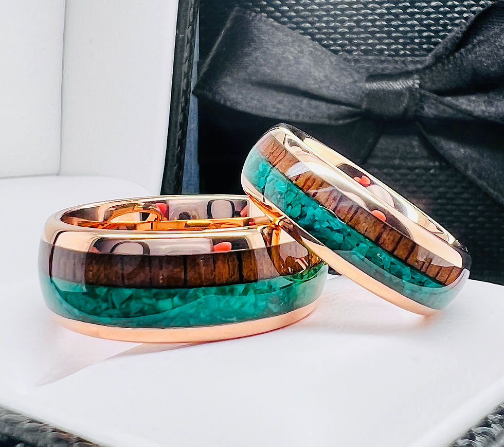 Thumbnail: Malachite inlay, wooden ring, wedding bands, rose gold, anniversary ring, engagement ring