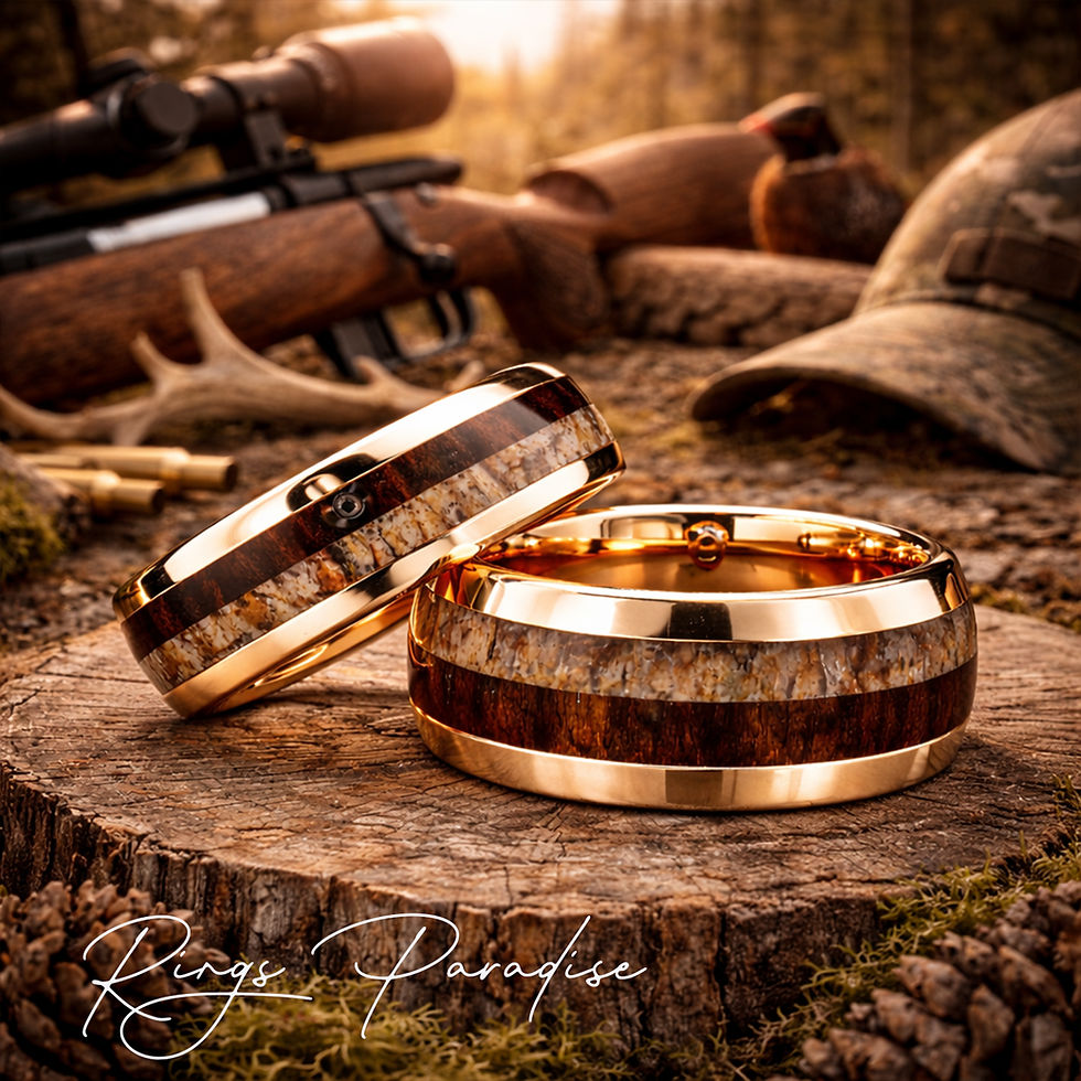 Thumbnail: Rose Gold Tungsten Band with Natural Wood Antler Inlay 8mm Dome Ring
