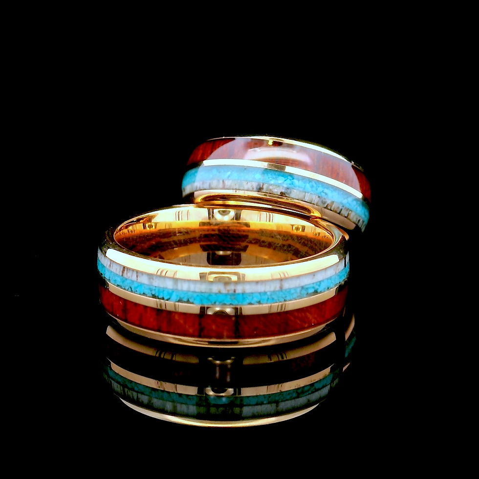 Thumbnail: His and Hers Rose Gold Tungsten Rings, Koa Wood, Antler, and Turquoise Inlay, Durable and Stylish Comfort Fit Design.