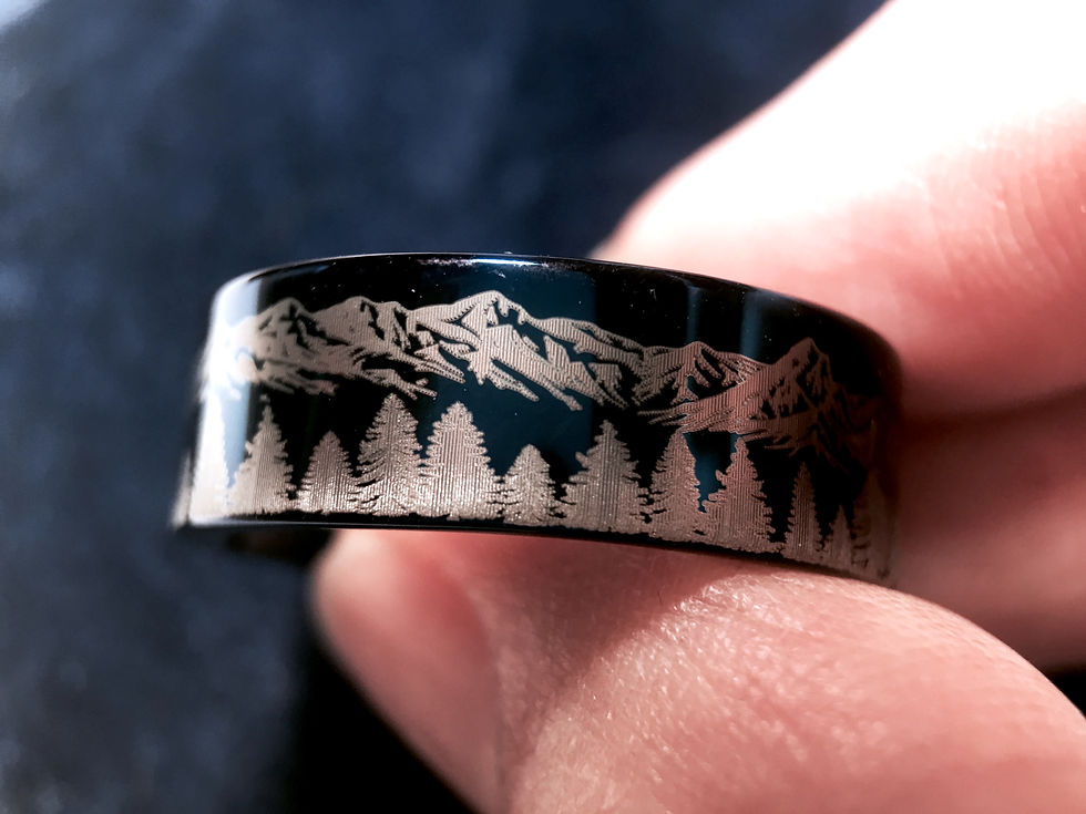 Thumbnail: Mountains Forest Pattern Engraved Blue Tungsten Ring, Mens Ring, Women Ring