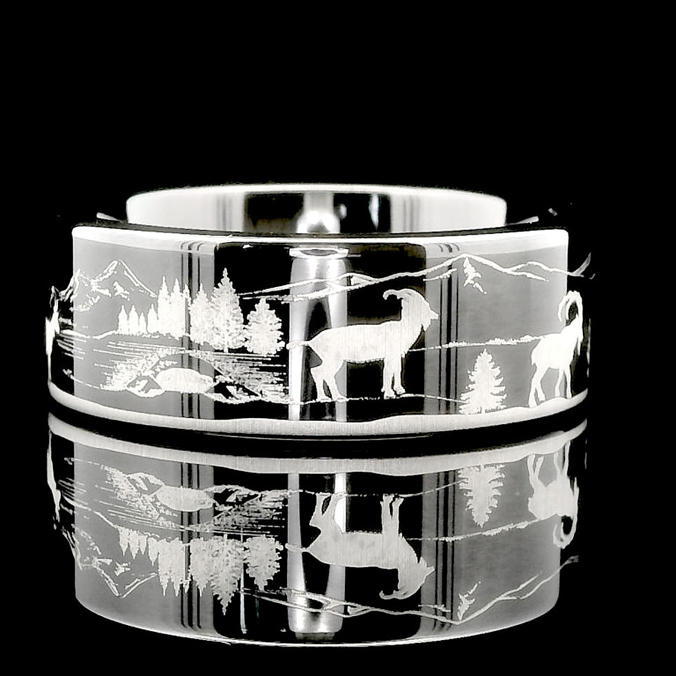 Thumbnail: Mountain Goats in Forest Pattern Engraved Black Tungsten Ring with detailed nature-inspired design, perfect for men and women